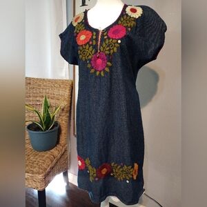 Hand Embroidered Floral Mexican Mini Dress Size Medium (?)